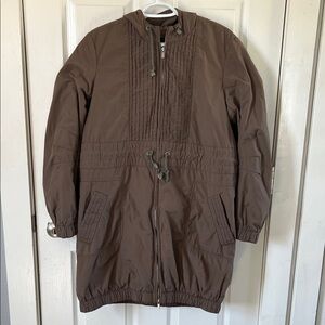 BCBGMaxAzria Olive Toned Pleated Hooded Casual Long Bomber Jacket Size Medium